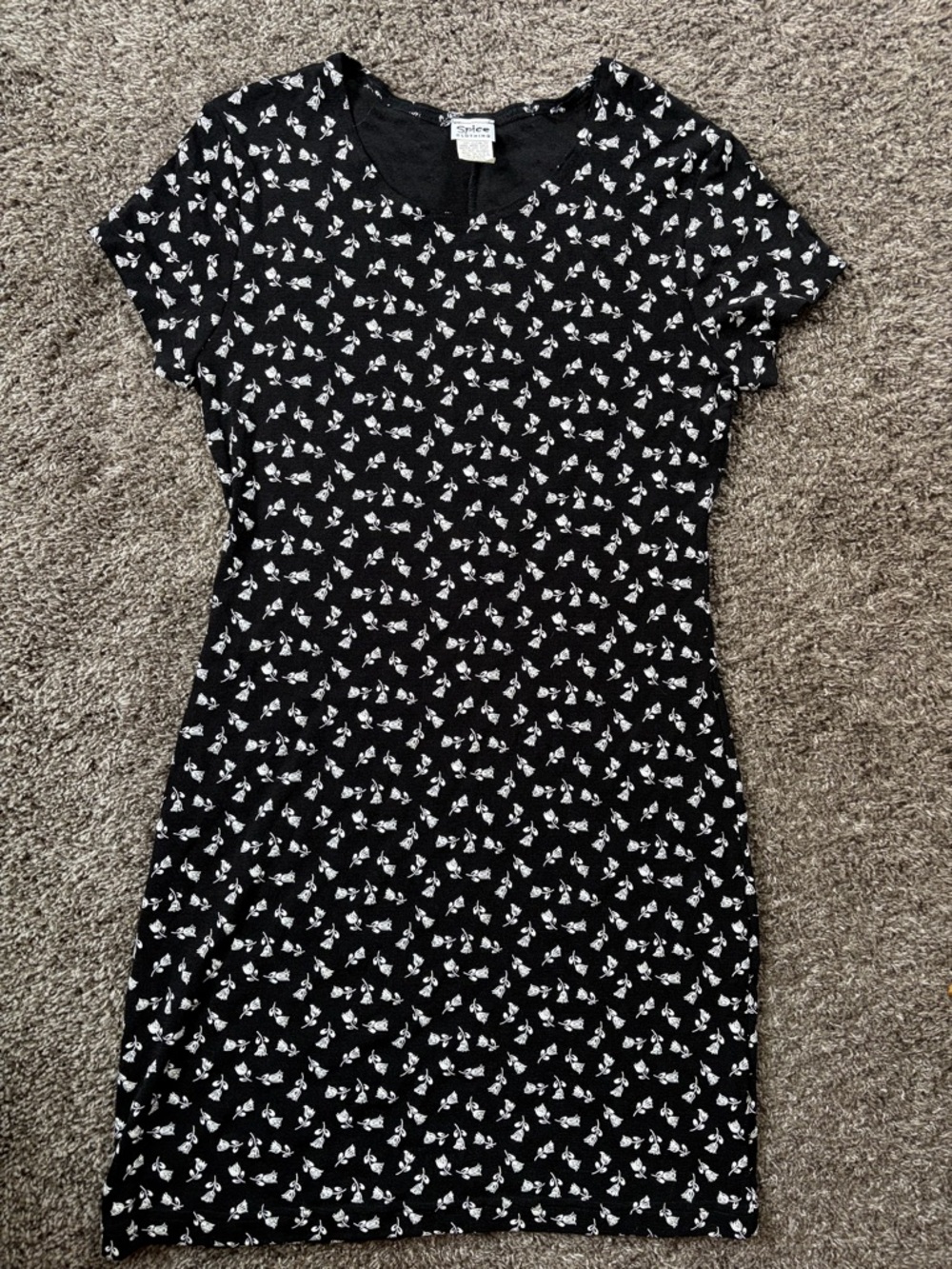 Vintage 90s Black Floral Short Sleeve Stretch Dress Size Medium- fits size Small